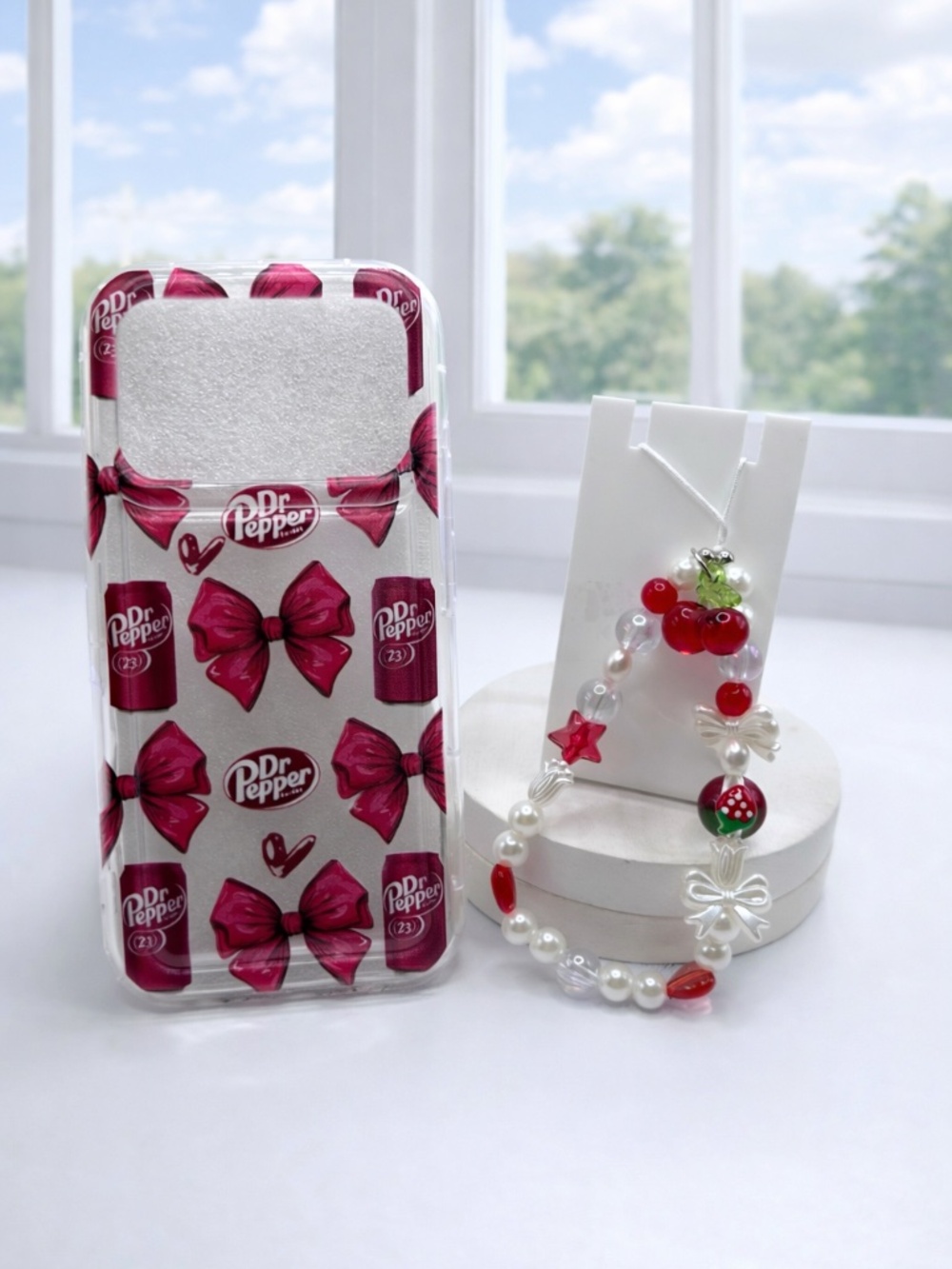 iPhone 17 Pro Max Dr Pepper Bow Phone Case + Beaded Cherry Bow Charm